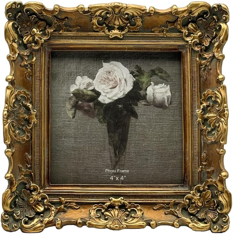 4X4 Vintage Picture Frame, Bronze Gold Square Photo Frame Wall Decor | Victorian
