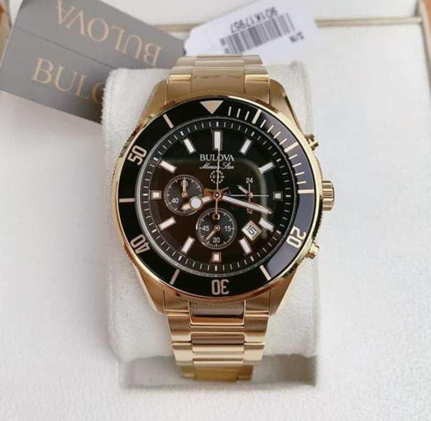 Pre-owned Bulova Marine Star Gold Tone Men's Black Dial Chronograph Watch 98b250