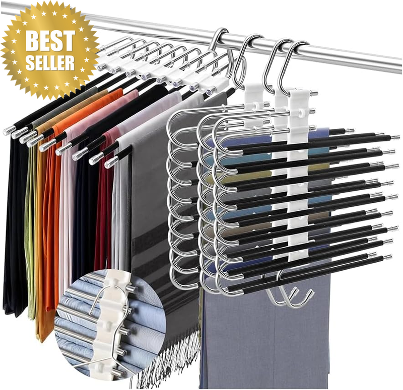 4 Pack Pants Hangers, Multi-Functional Folding Household Trouser Hangers, 9-Laye