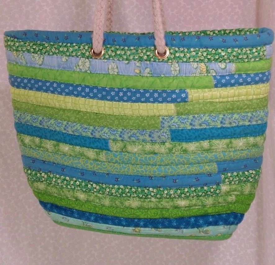 COILED FABRIC ROPE CLOTHES'LINE Market Tote Bag Basket TURQUOISE & GREEN 17X13