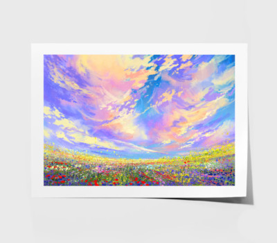 Flower Field Print, Sky Wall Art, Watercolor Framed Vector Wall Art,Oil Painting