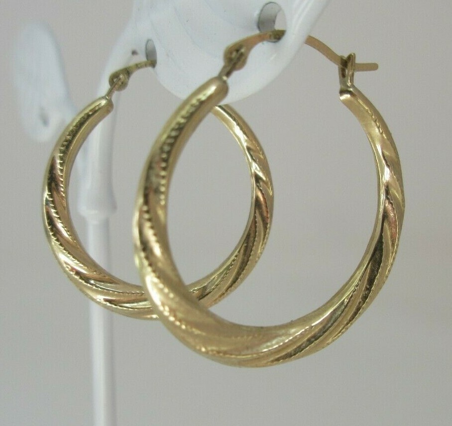 14K Yellow Gold Hoop EARRINGS Twisted Textured Genuine Signed LO 14 Karat