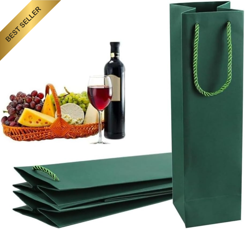 10 Pack Green Wine Gift Bag, Wine Bottle Bags,Wine Tote Bags Bulk Kraft Paper Ba