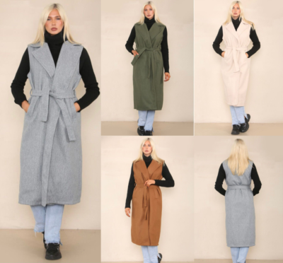 New Ladies Long Belted Sleeveless Tailored Duster Coat winter Long Coat