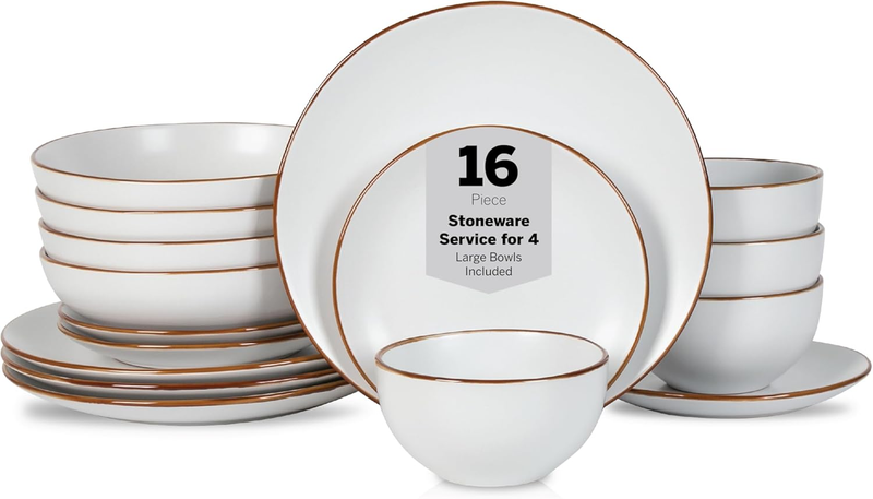 Brasa Modern Stoneware 16 Piece Dinnerware Sets, Plates and Bowls Sets, Dish Set for 4, White