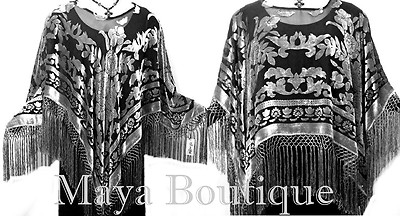 Pre-owned Maya Matazaro Poncho Shawl Top With Fringe Silver Gray Black Burnout Velvet  Usa