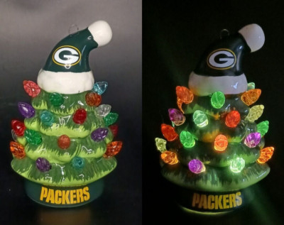 Green Bay Packers NFL 4'' Light Up Tree &Santa Hat Ornament  Evergreen 3OLT3811MT