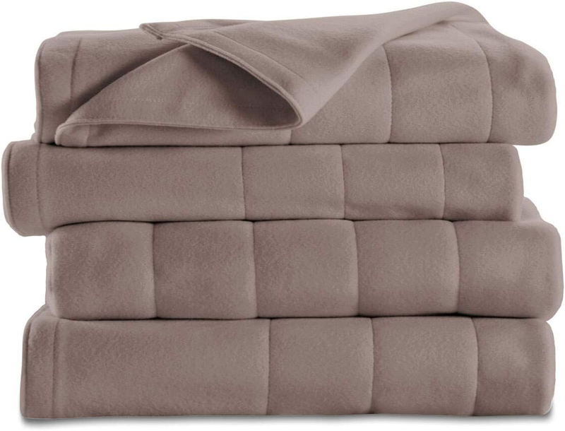 Sunbeam Twin Quilted Fleece Electric Blanket, 10 Heat Settings Classic Mushroom