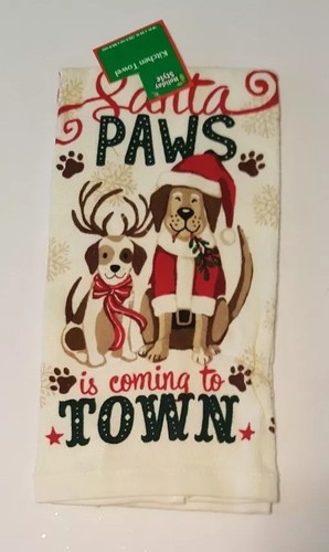 Christmas Kitchen Towel Oven Mitt Pot Holder 3 Pc Set Dogs Santa Paws Red New