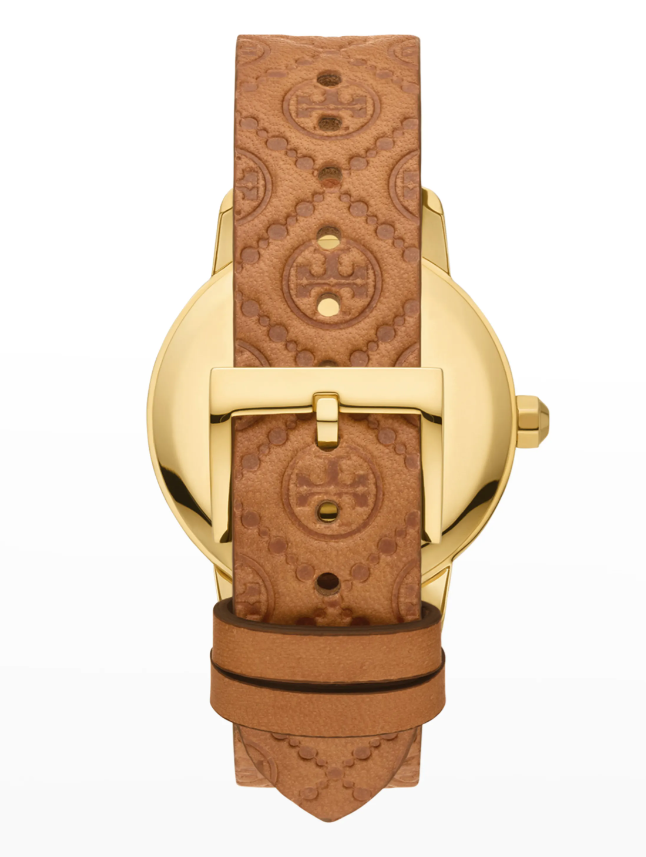 Pre-owned Tory Burch The Tory Gold-tone Stainless Watch Luggage Leather Strap Tbw1001