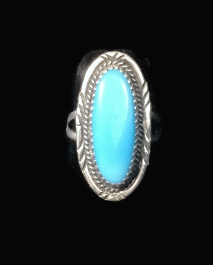Vintage Long Turquoise Southwest Tribal Sterling Silver Ring Size 6.25