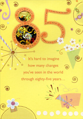 Daisies and Star Burst Sequin Filled Window Age 85 / 85th Birthday Card