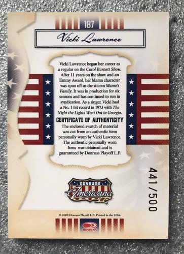 2008 DONRUSS AMERICANA II VICKI LAWRENCE RELIC CARD #187 441/500