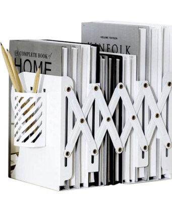 Adjustable Desk Storage Bookends with Pen Stand Holder   2-in-1 White NEW