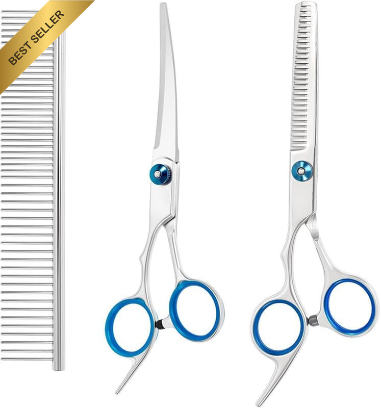 3 Pcs Professional Stainless Steel Pet Grooming Set with Straight Scissors, Curv