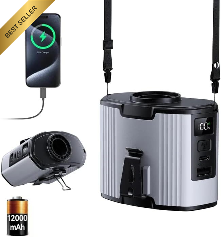 12000Mah Portable Waist Fan, USB Rechargeable Clip on Belt Fan, Strong Airflow,
