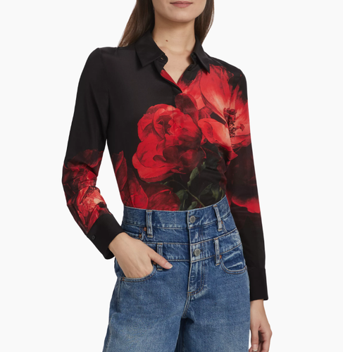 Pre-owned Alice And Olivia Alice + Olivia Women's Brady Slim Button-down Blouse Peony Petals Bright Ruby