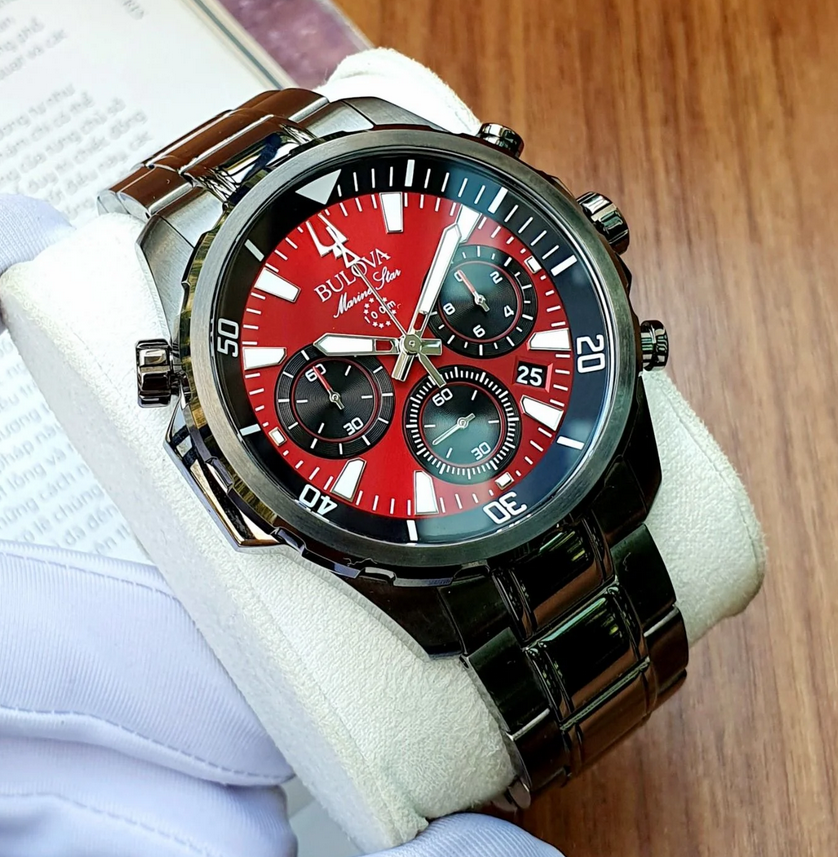 Pre-owned Bulova Marine Star Red Dial Chronograph Stainless Steel Men's Watch 98b350