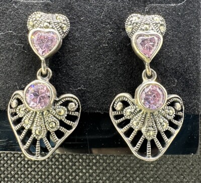 Signed CL Sterling Silver Pink Crystal & Marcasite Dangle/Drop Post Back Earring