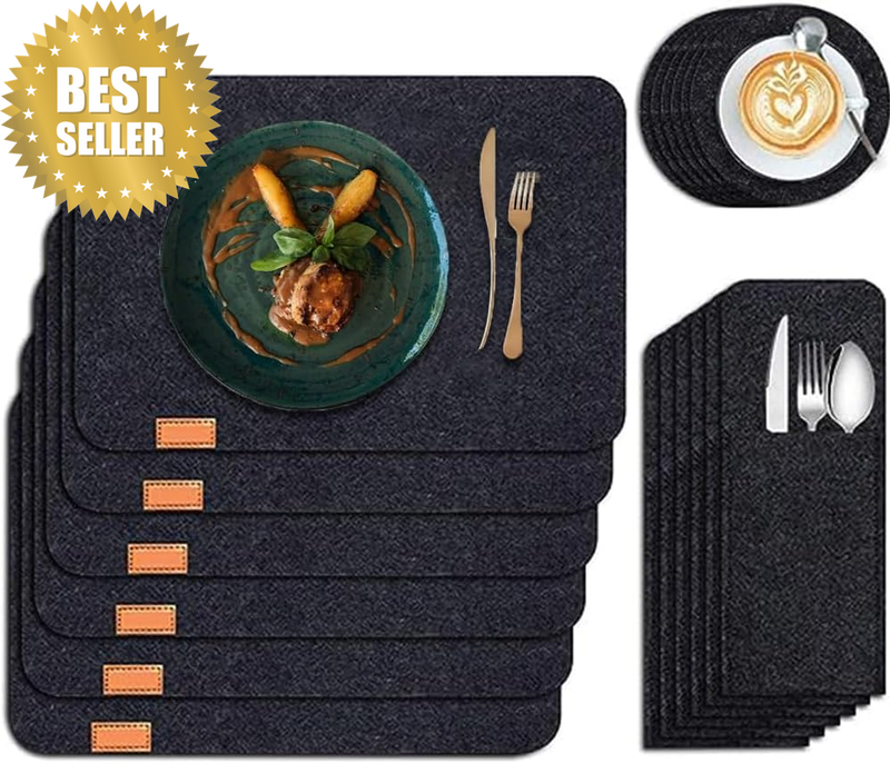 Felt Place Mats, 18-Piece Felt Placemats with Felt Coasters and Cutlery Bag, Hea