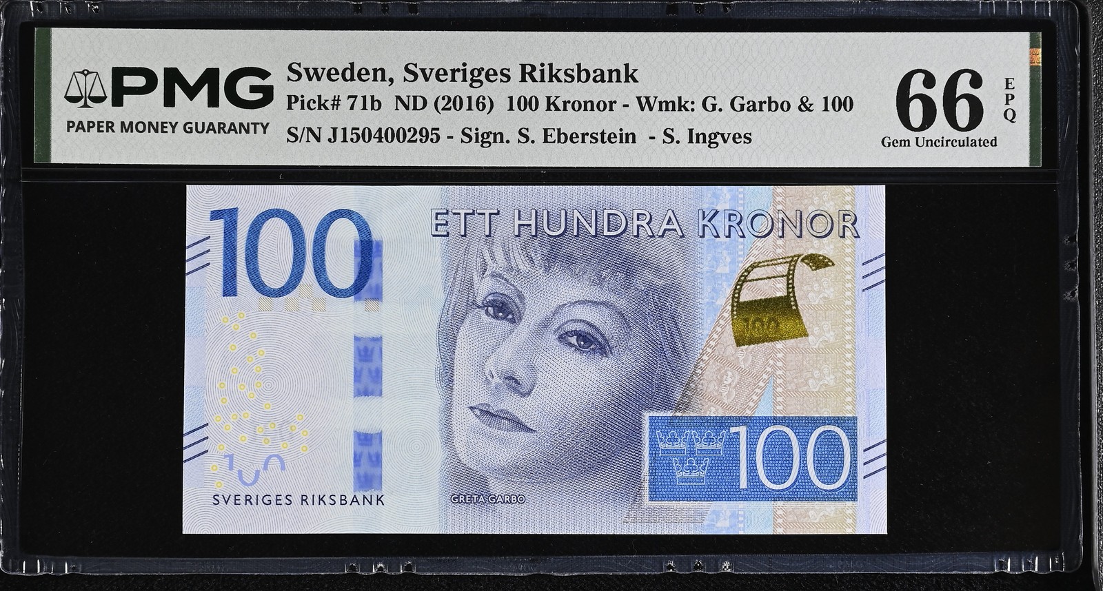 Sweden 100 Kronor ND 2016 P 71 b Gem UNC PMG 66 EPQ