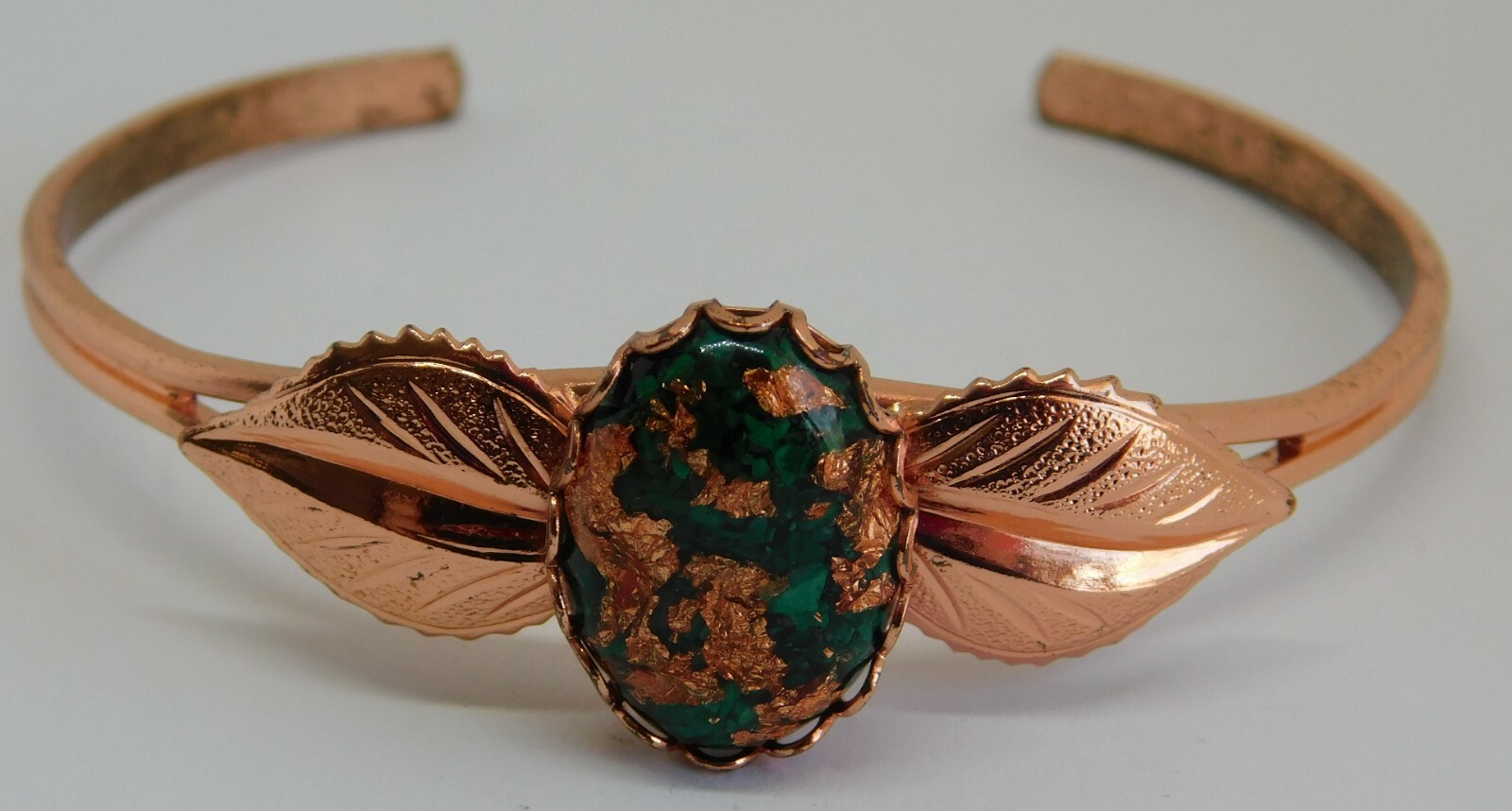 Stunning Copper Cuff W/Gold Foil Forest Green Lampwork Art Glass Center Bracelet