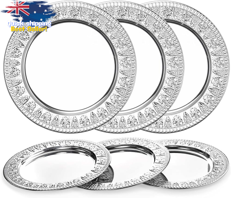 6 Pack Silver Charger Plates 30cm Round Floral Embossed Stainless Steel Decor