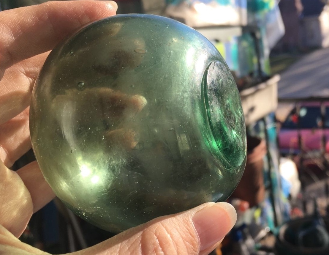 Vintage Hand Blown Green Glass Fishing Float Bubbles Dimple