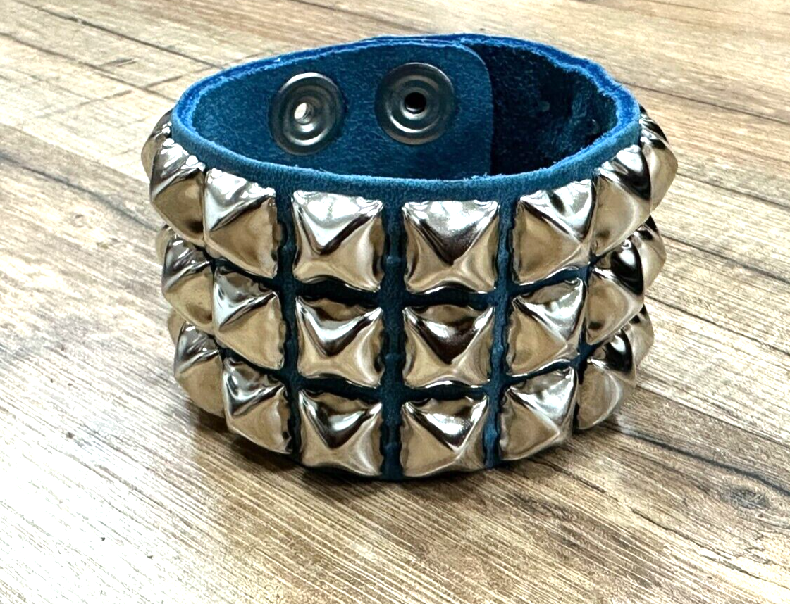 Blue Leather Bracelet Men Women Fashion Studded Cuff