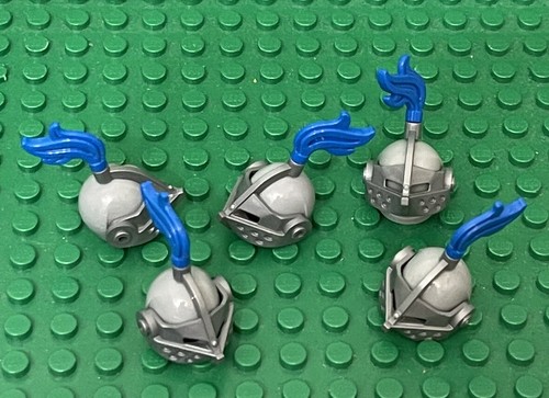 Lego 5 Lion Castle Knight Helmet With flat silver Pointed visor And Blue Feather