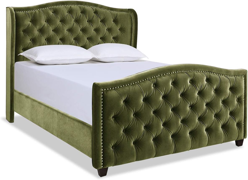 Marcella Upholstered Shelter Headboard Bed Set, Queen, Olive Green Performance V