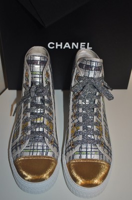Pre-owned Chanel 17c Globe Trotter High Top Sneakers Shoe Tweed Fabric Eur 36 Us 5.5 In Multicolor