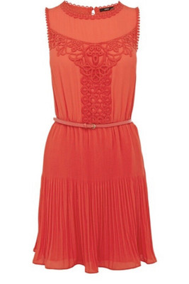 Stunning Coral Orange Oasis Pleated Chiffon Lace Crochet Dress size 16 Races