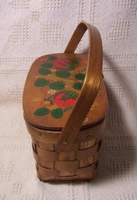 Vtg Woven WOOD BASKET Handbag HAND PAINTED LID Lined BOX PURSE Sewing FOLK ART