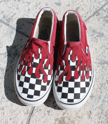 VANS Checkered Flame Slip On Sneakers Skate Shoes Red Black Sz