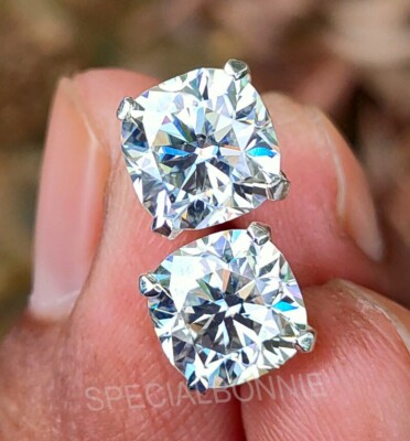 Stunning 5 Ct Certified Cushion Cut White Diamond Solitaire Studs, 925 Silver
