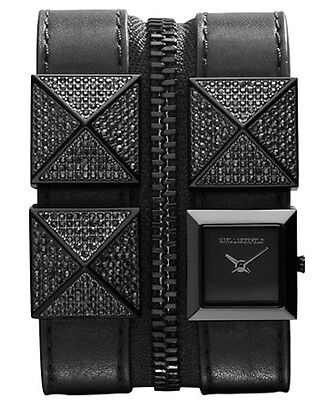 Pre-owned Karl Lagerfeld Pyramid Pave Stone Double Strap Cuff Watch Black