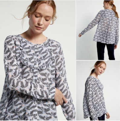 White Stuff Trixie Patterned Frill Front Detail Shirt Blouse Top Uk 14 Vgc #BG