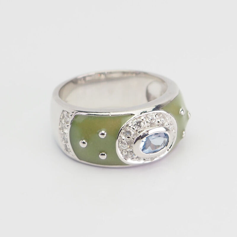 Beautiful sterling silver green enamel and crystal sparkling ring size 9