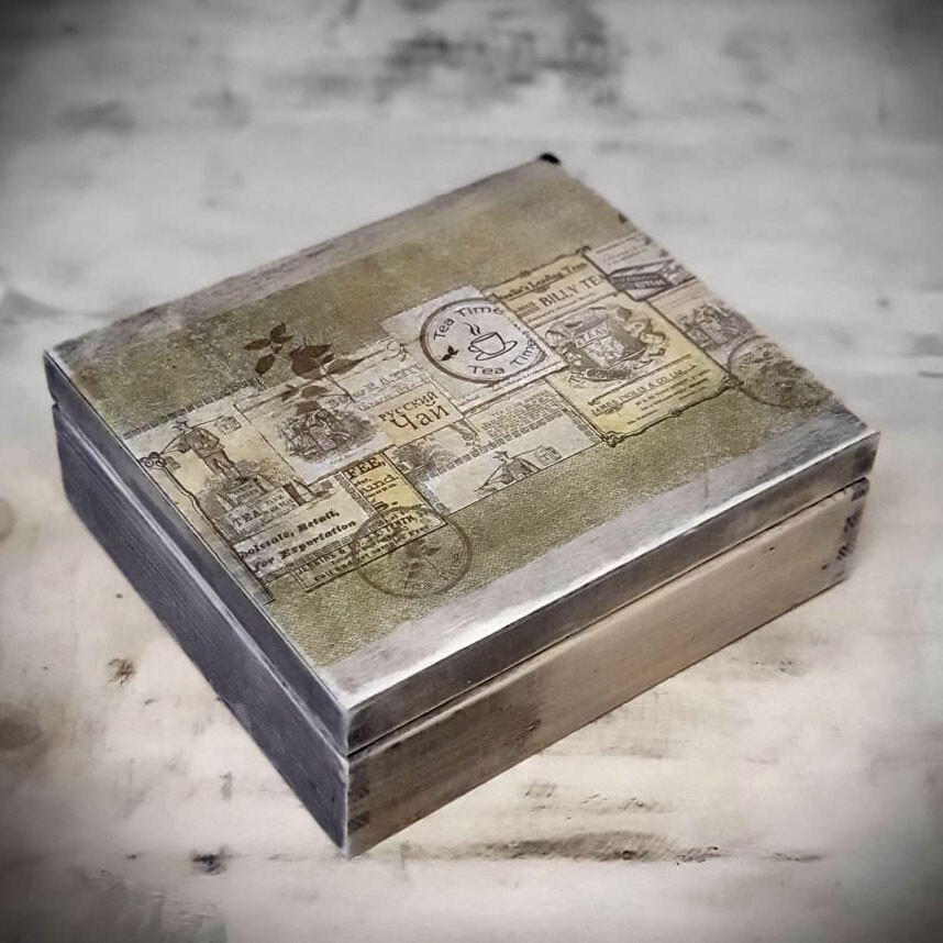Vintage Schatulle / Teebox m. 9 Fächer Landhaus Shabby Deko Holz Box Handarbeit