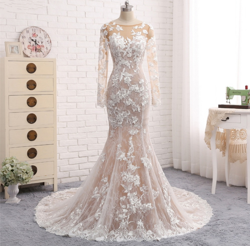 Sexy Long Wedding Dresses Long Sleeve Train Mermaid Appliques