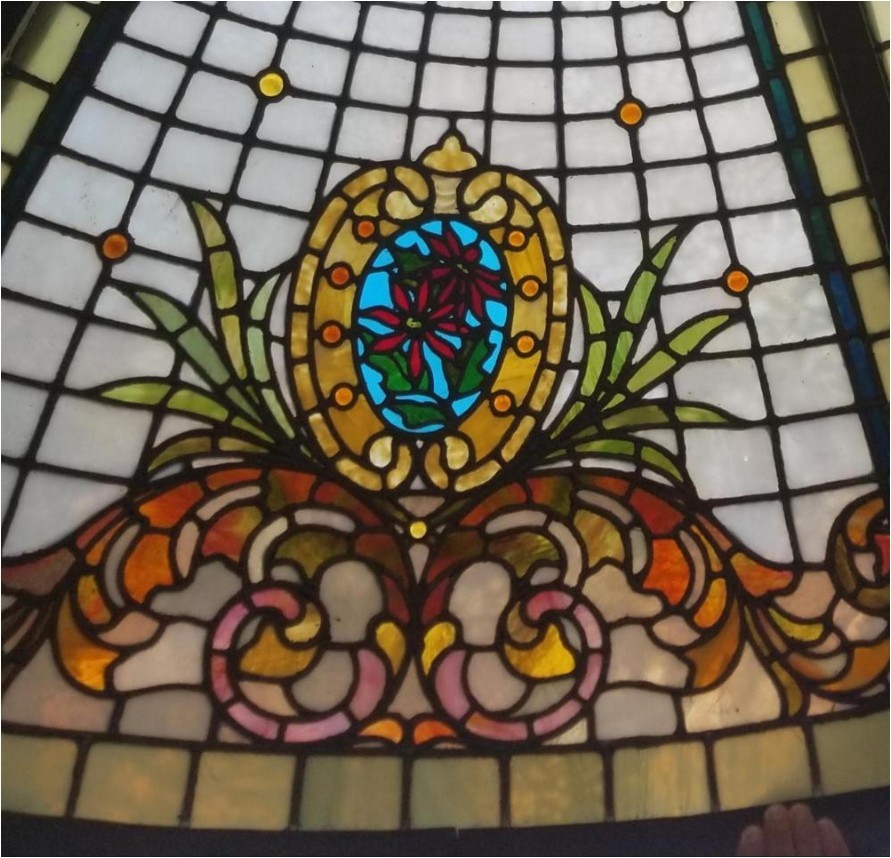 VICTORIAN FLORAL STAINED GLASS ROUND DOME SKYLIGHT