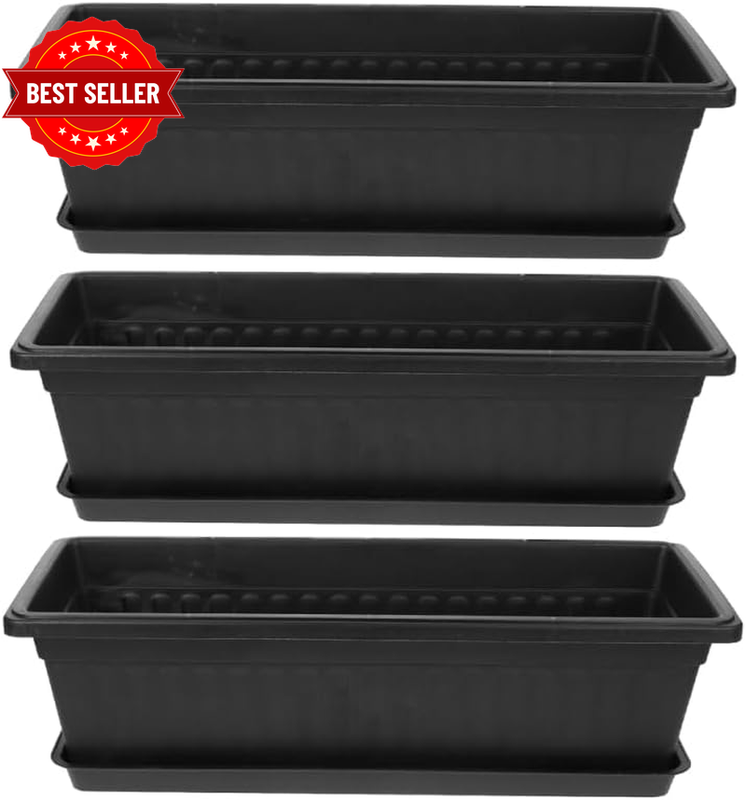 3Pcs Rectangular Plastic Plant Pots with Trays Black