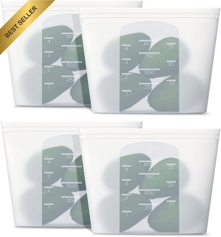 4 Pcs Translucent Silicone Reusable Snack Bags,Safe Self Sealing and Frozen Food
