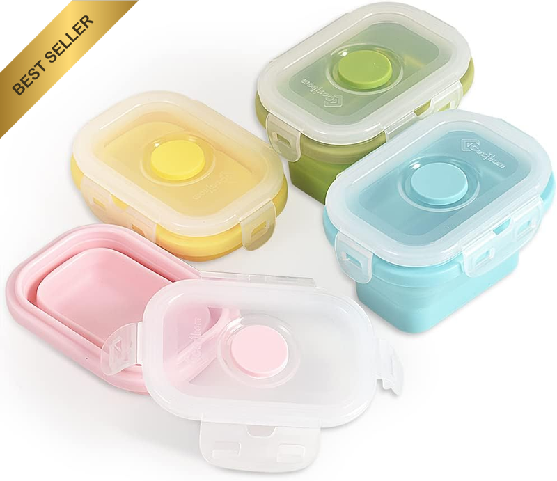 4 Pack Collapsible Silicone Food Storage Container Clip-On Lid Stackable 5 Oz