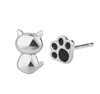 Adorable Tiny Cat Kitten & Black Paw Silver Earrings Stud
