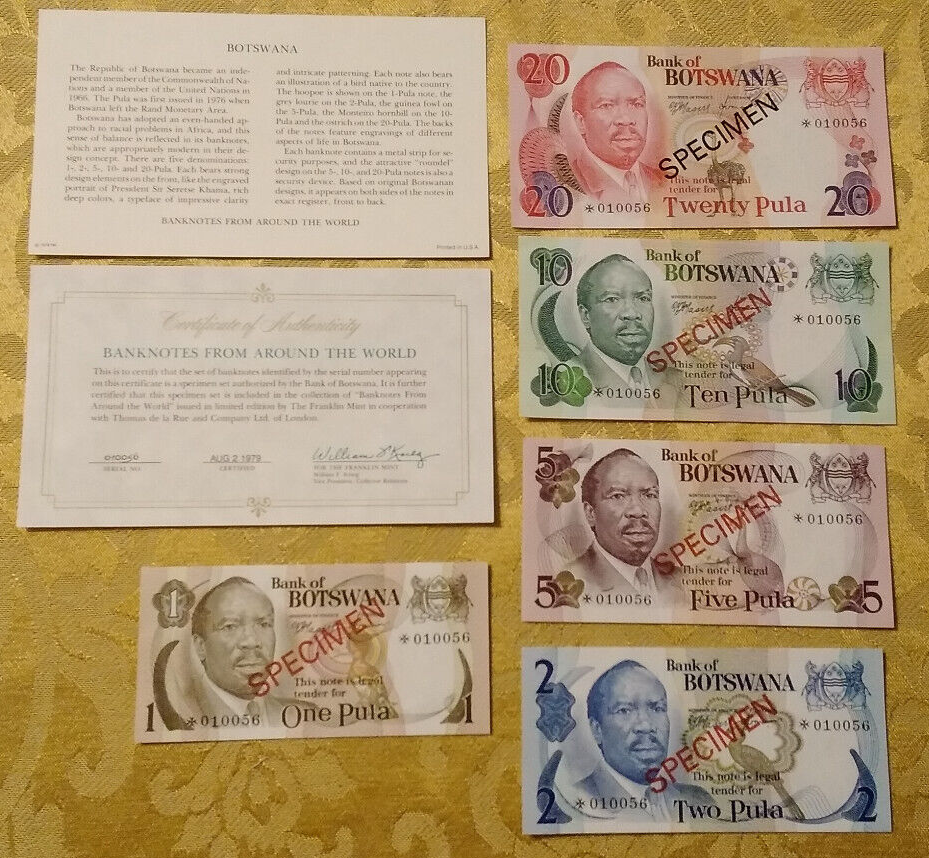BOTSWANA 1979 1 - 20 Pula Complete 5 Specimen Set CS1 P 1-5 BOTSWANA 1979 1 - 20 Pula Complete 5 Specimen Set CS1 P 1-5