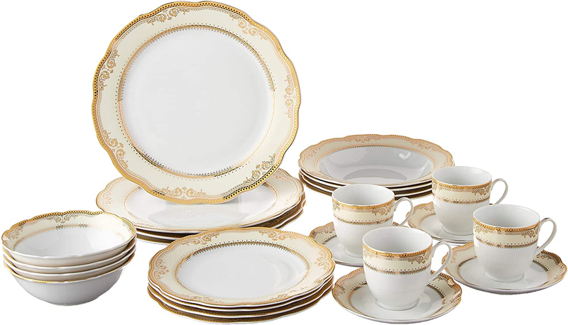 24 Piece Isabella Design Porcelain Wavy Edge Dinnerware Set, White