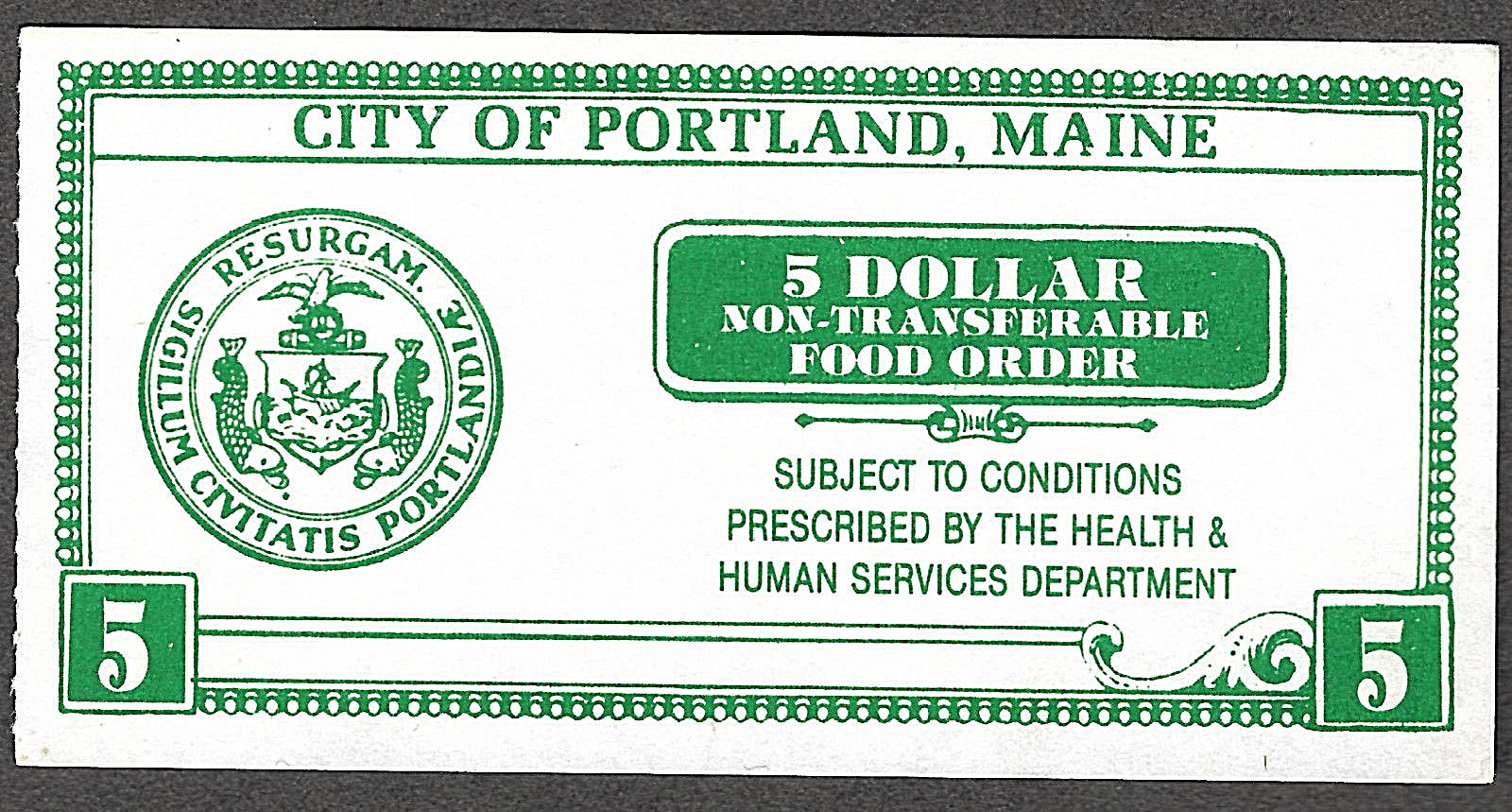 Portland,Maine  $5.00  DEPRESSION SCRIP FOOD ORDER COUPON STAMP