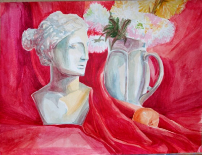 Art Original painting Watercolour Bouquet flowers statue Venus woman girl A3